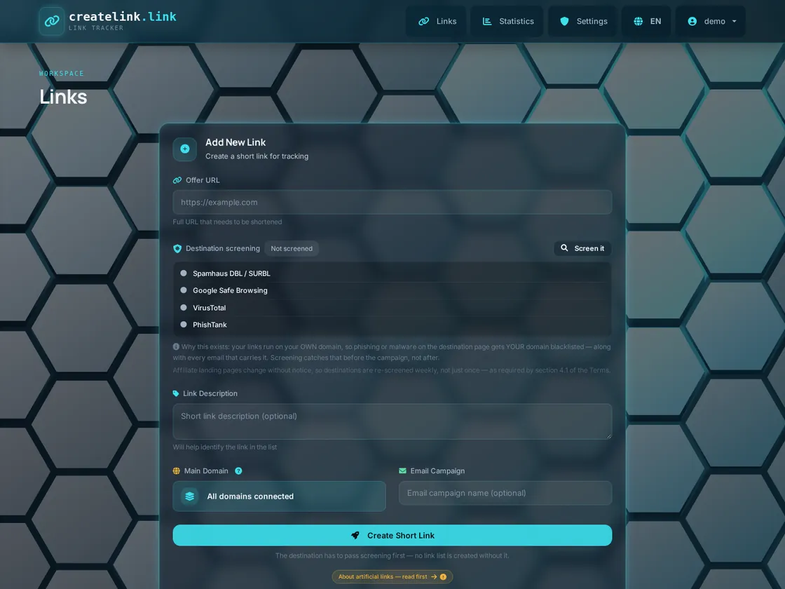 The Links page in the createlink.link dashboard: creating a link, code status and link cards